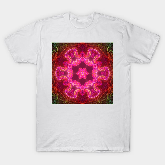 Psychedelic Kaleidoscope Flower Pink Red and Green T-Shirt by WormholeOrbital